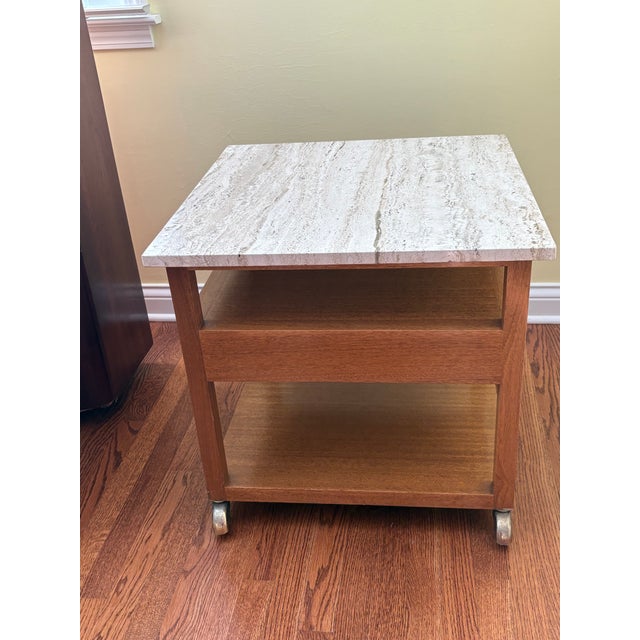 1960s Harvey Probber Travertine Top & Cane Drawer Side Table on Casters For Sale In Chicago - Image 6 of 8