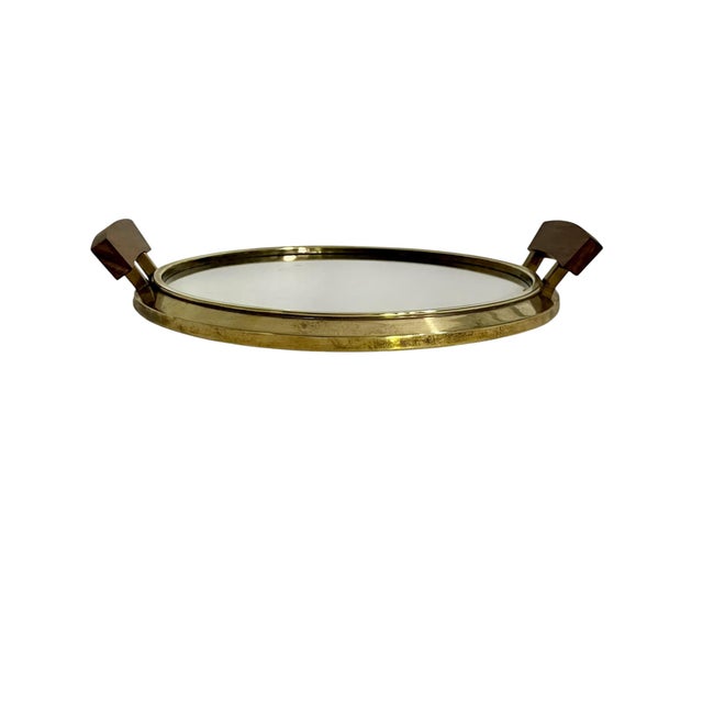 20thC. Mid-Century Modern Brass and Wood Oval Serving Tray With Mirrored Glass For Sale - Image 11 of 12