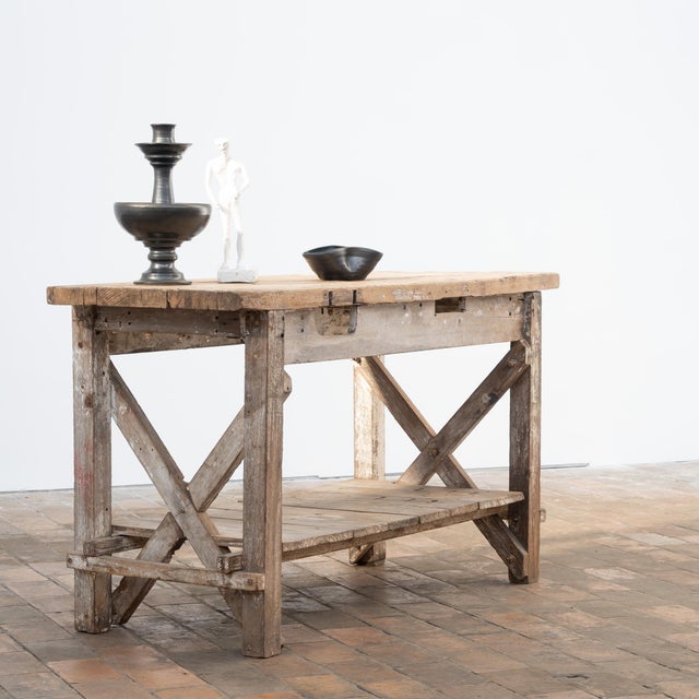 Antique Workshop Table with Crossed Stretchers, France, 1900 For Sale - Image 4 of 8