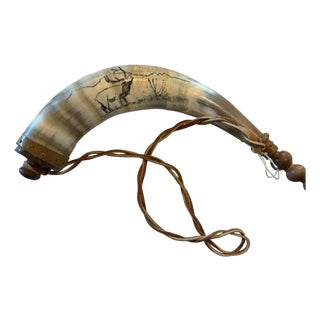 1970s Handmade Powder Horn w/ Scrimshaw Elk Scene Strap Western Decor/Reenactment. For Sale