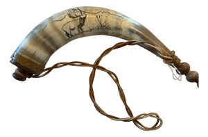 1970s Handmade Powder Horn w/ Scrimshaw Elk Scene Strap Western Decor/Reenactment.