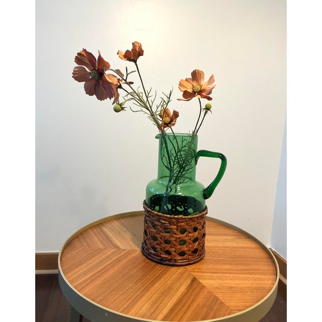 Vintage Green Blown Glass Pitcher With Wicker Basket Wrap – Possibly Empol For Sale - Image 13 of 13