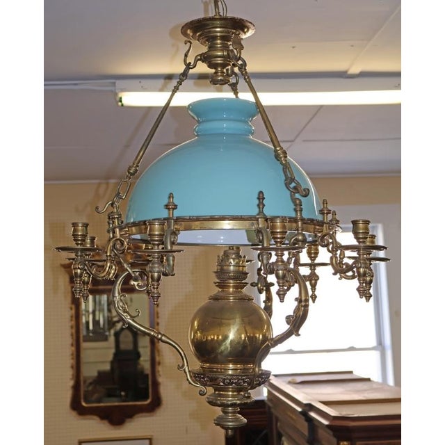Traditional Late 19th Century Brass Kerosene Oil Chandelier With Blue Shade For Sale - Image 3 of 12