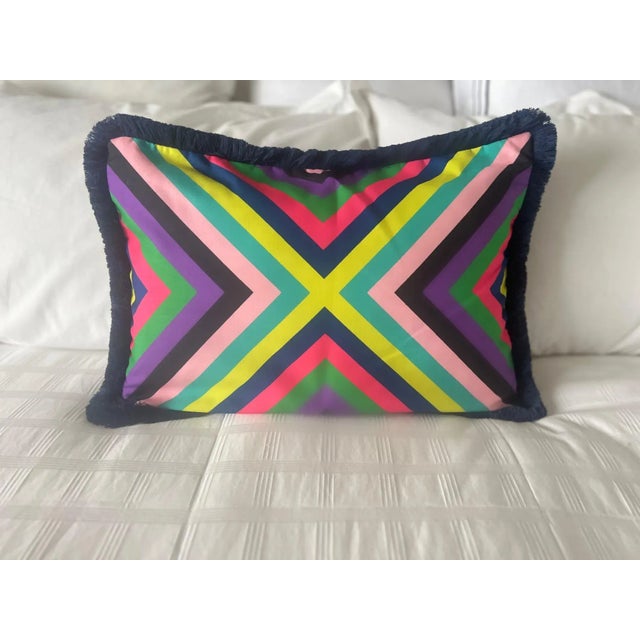 Colorful Caribbean Multi Stripe Pillow Cover With Navy Brush Fringe For Sale - Image 4 of 5
