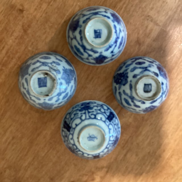 Antique 4pc. Assorted Chinese Blue & White Porcelain Tea Bowls/Rice Cups W/Makers' Marks on the Base For Sale - Image 4 of 12