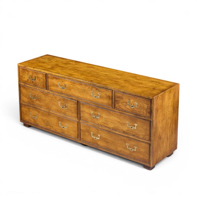 Henredon Campaign Mid Century Oak and Brass Lowboy Dresser For Sale - Image 9 of 10