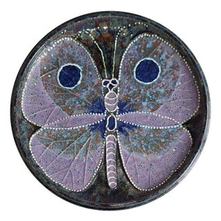 Swedish Wall Plate with a Blue Butterfly Motif by T. Hellström for Nittsjö Keramik, 1970s For Sale