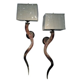 Polished Kudu Horn Sconces With Shades - a Pair For Sale