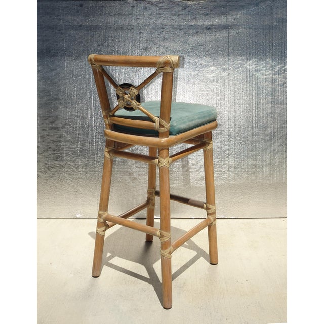 McGuire Set of Three Vintage McGuire Bamboo Barstools W Leather Straps For Sale - Image 4 of 12
