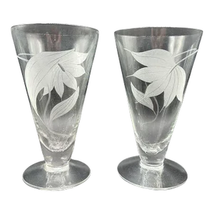 Mid-Century Dorothy Thorpe Style Footed Tumbler With Etched Tropical Lilies- a Pair
