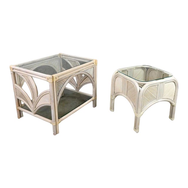 Cerused Reeded Rattan Large & Small End Table Glass Tops a Pair Manner of Gabriella Crespi For Sale
