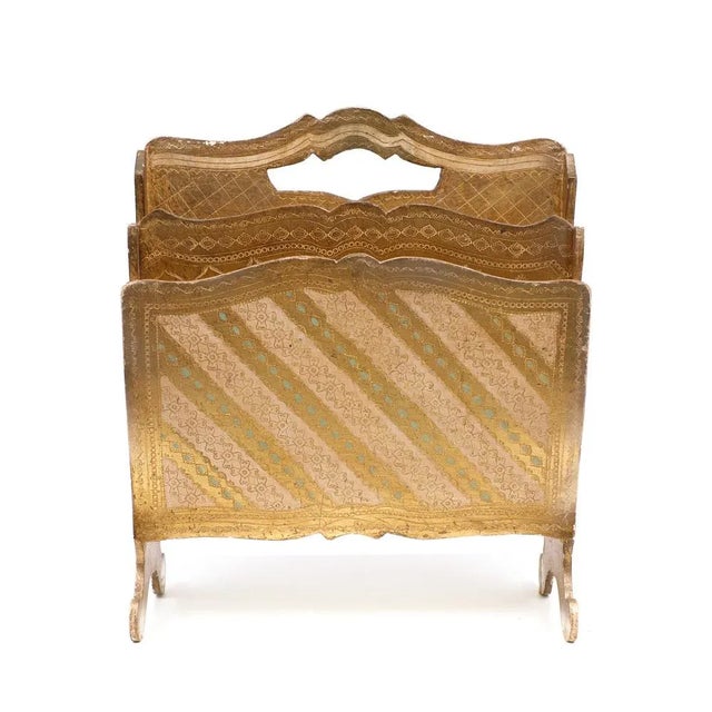 Hollywood Regency Vintage Italian Florentine Magazine Rack in Giltwood, 1958 For Sale - Image 3 of 12
