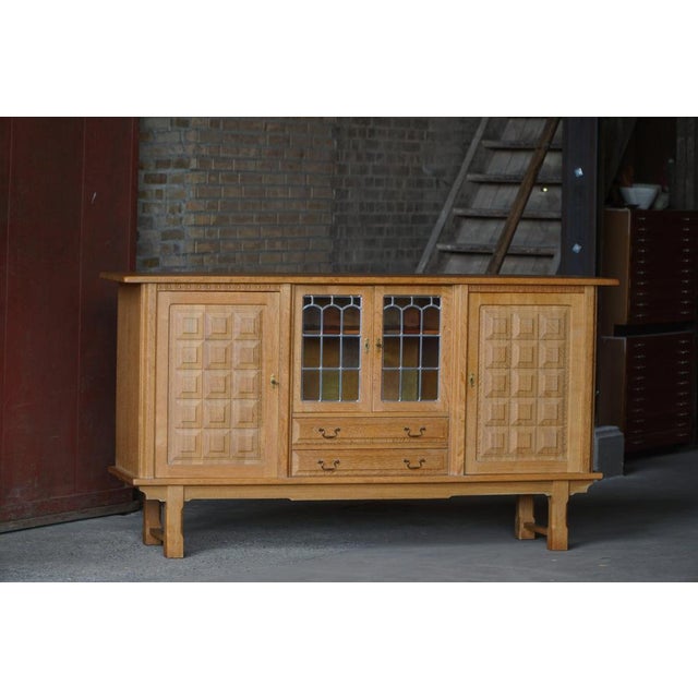Metal Danish Oak Sideboard with Leaded Glass Doors by Henning Kjærnulf, Denmark, 1960s For Sale - Image 7 of 18