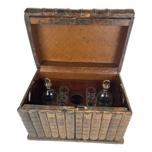 19th Century French Napoleon III Secret Book Liquor Cellarette- 9 Pieces