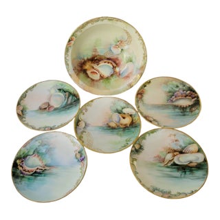 Antique Bavarian Hand Painted Seashell Plates and Bowl Set of 6 For Sale