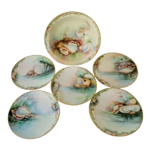 Rare Hand-Painted Bavarian Seashell Dessert Set, Signed Artist Porcelain Plates & Serving Bowl