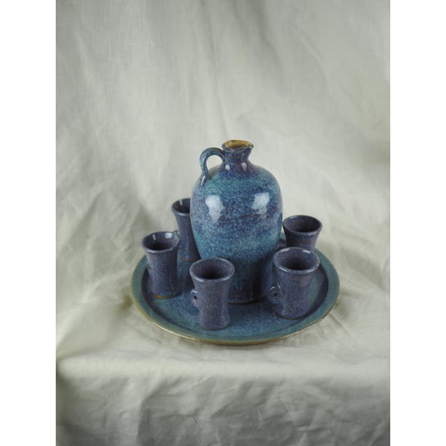 Campaign Late 20th French Cottage Blue Ceramic Liquor Set - One Decanter, Six Goblets, One Plate- 8 Pieces For Sale - Image 3 of 12
