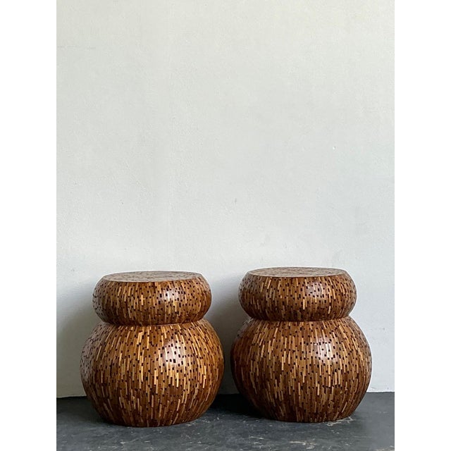 Vintage Wood Mosaic Low Stools - A Pair For Sale - Image 12 of 18