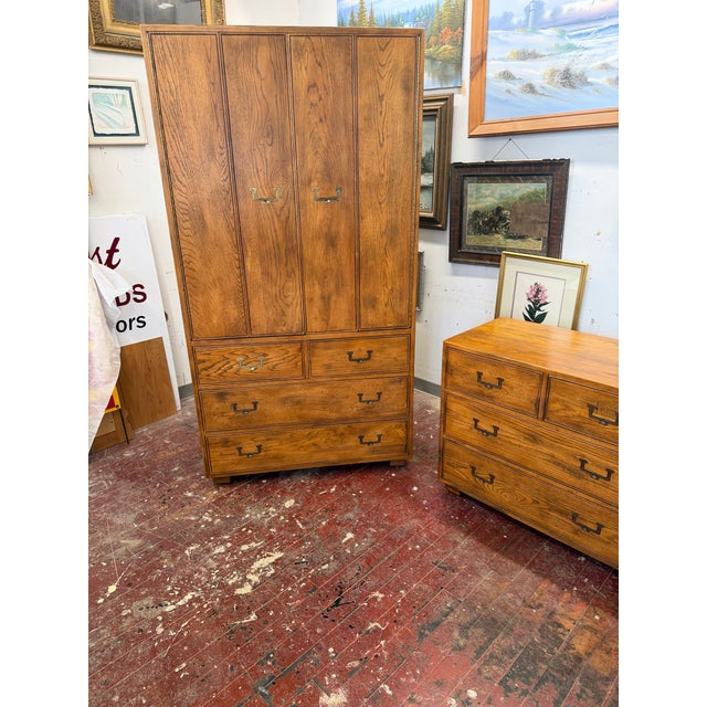 Henredon artefacts line, storage chest vintage campaign style. Oak storage armoire, marking worn off in drawer tho