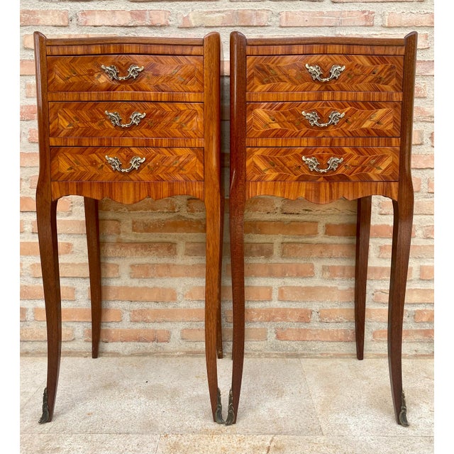 Early 20th Century French Marquetry and Iron Hardware Bedside Tables or Nightstand, A Pair For Sale - Image 13 of 18