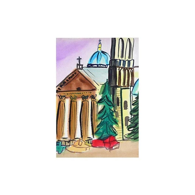 A bold and colorful city skyline by artist Diane Baldwin (American, 20th century). Signed "Baldwin" lower right. Unframed....