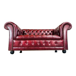 Oxblood Chesterfield Tufted Leather Love Seat Sofa -Great Britain Circa 1970 For Sale