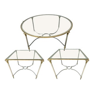 Set of 3 1960’s Madison Jansen Bronze, Steel and Glass Tables For Sale