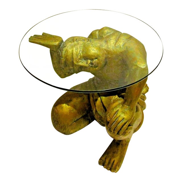Vintage Gilded Carved Wood Asian Figural Side Table With Glass Top Circa 1980s For Sale