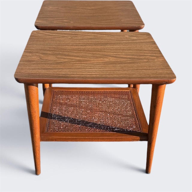 Lane Furniture Pair of 1963 Lane Walnut End Tables | Style 1038-18, Formica & Cane For Sale - Image 4 of 11