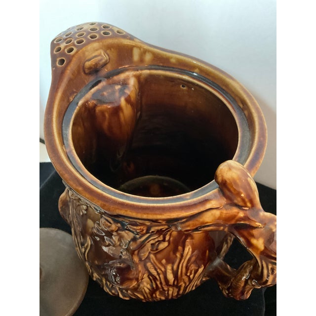 Brown Antique Rockingham Majolica Pitcher With Oak Leaf & Crain Relief Complete With Original Wood Lid For Sale - Image 8 of 14
