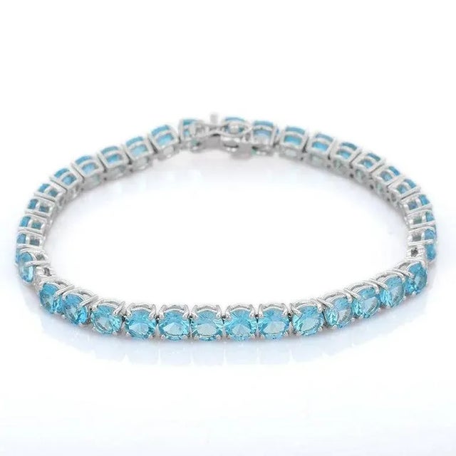 Art Deco 19.7ct Round Cut Blue Topaz & Diamond Classic Wedding Bracelet in 18k White Gold For Sale - Image 3 of 13