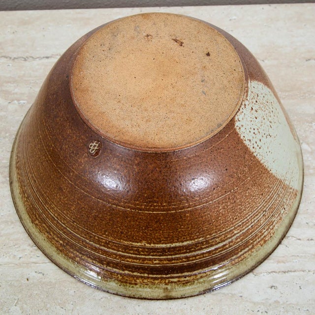Tan Mid Century Modern Round Bowl Studio Hand Thrown Large Blue Tan Brown Signed MCM For Sale - Image 8 of 8