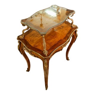 French-Style Serving Table – Rich Wood Finish, Glass Top & Ornate Gold Leaf Details For Sale