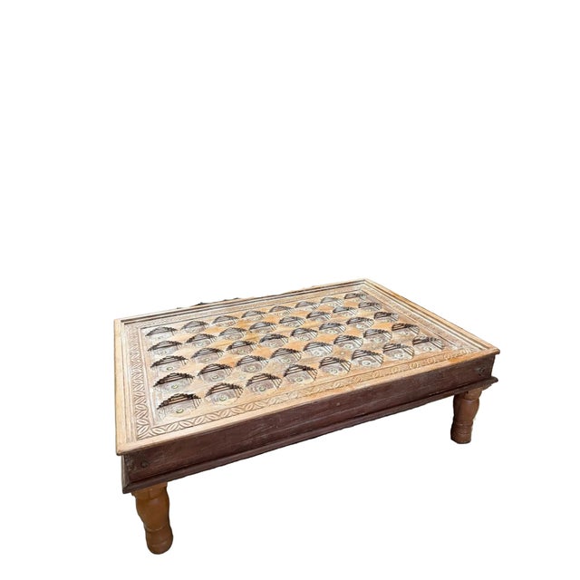 Rustic Modern Carved Chai Coffee Table – Mid Century Whitewashed Wood Accent Table 54 For Sale - Image 4 of 8