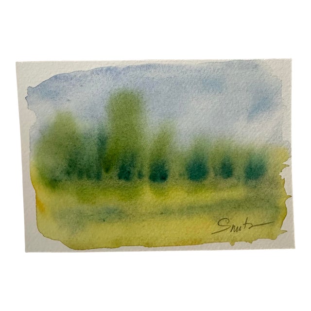“Misty Tree Line” Original Watercolor Landscape by Nancy Smith For Sale