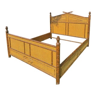 British Colonial Style Faux Bamboo and Rattan Queen Bed in Tortoise Finish For Sale