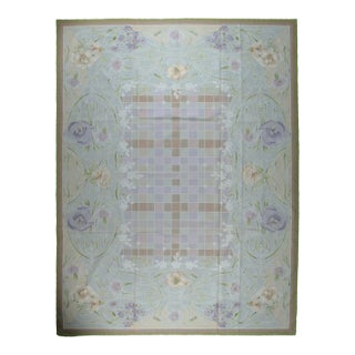 9x12 Vintage Aubusson Flat Weave Wool Rug, Light Blue Art Nouveau Floral For Sale