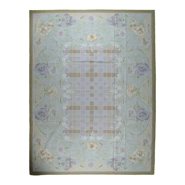 9x12 Vintage Aubusson Flat Weave Wool Rug, Light Blue Art Nouveau Floral For Sale