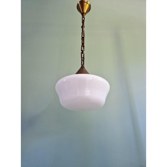 Art Deco Pendant Light in White Opaline Glass with Brass Frame, 1920s For Sale - Image 9 of 13