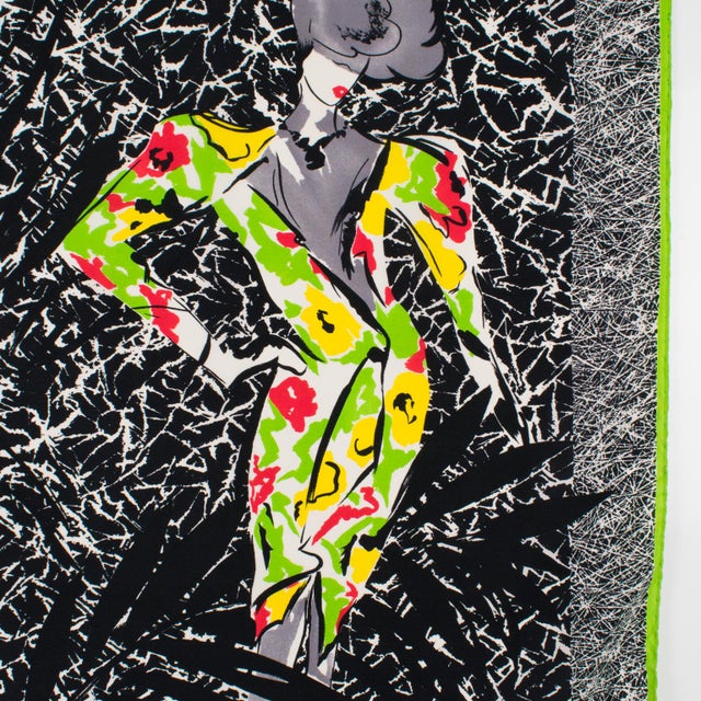 1980s Ted Lapidus Paris Silk Scarf Multicolor Fashion Models Print For Sale - Image 5 of 8