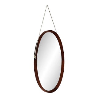 Mid-Century Italian Oval Teak Wall Mirror with Cord Hanging, 1960s For Sale