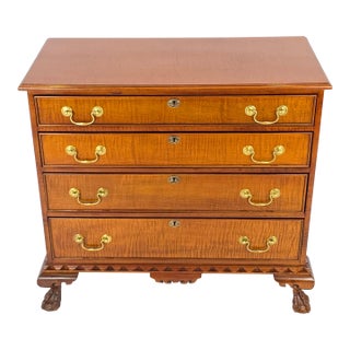 Vintage "Banks, Coldstone Co." Georgian Style Tiger-Wood Chest of Drawers For Sale