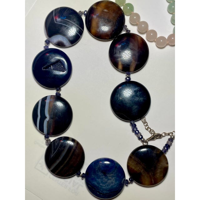 Black Gemstone Necklace From Botswana Africa Large Luminous Disc Beads in Blues, Sepias With Crystal Druzy, Outstanding For Sale - Image 8 of 9