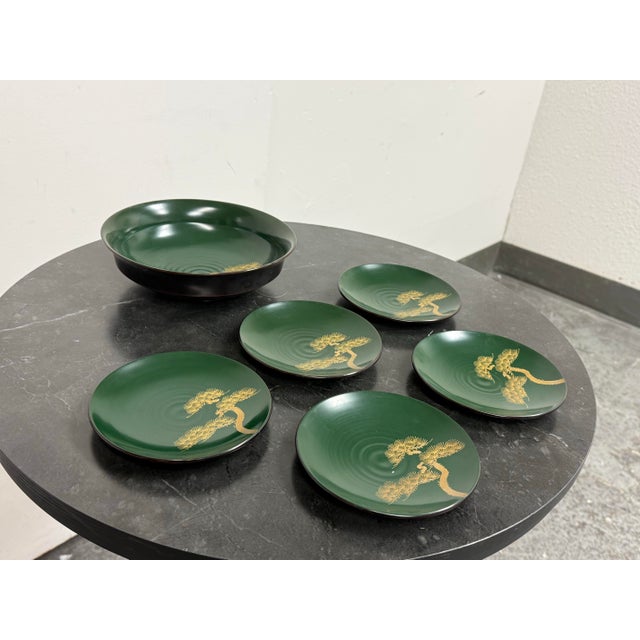 Japanese Japanese Green Lacquerware Plates + Bowl, Set of Five For Sale - Image 3 of 12