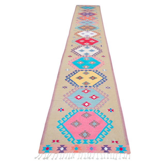 Handmade Silk Flatweave Turkish Kilim Stair Runner Rug Gallery Runner - 3′1″ X 25′2″ For Sale - Image 6 of 17