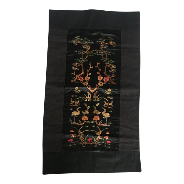 Vintage Asian Embroidered Silk Crane Textile For Sale