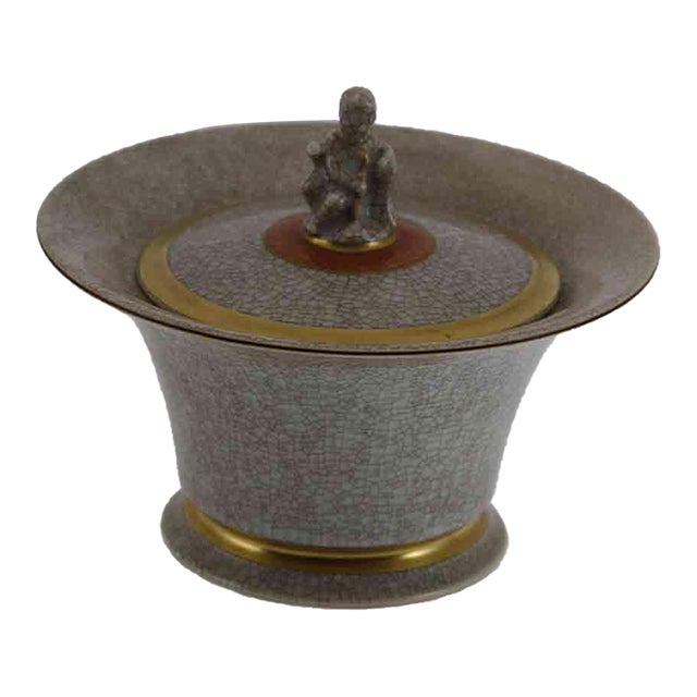 1960’s Vintage Royal Copenhagen Bonbon Dish & Cover Gray, Red & Gold, Craquelé For Sale