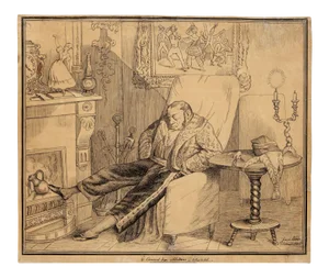 Sleeping Man - Original Etching + Pencil Drawing - Late 19th Century Late 19th Century