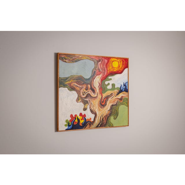 This abstract vintage painting captures a dynamic interplay of organic forms and vivid colors, evoking a sense of...