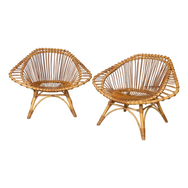 1960s Pair of Italian Rattan and Bamboo Chairs For Sale